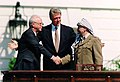 Yitzhak Rabin, Bill Clinton, and Yasser Arafat at the signing of the Oslo Peace Accords