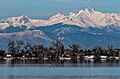 Chiefs Head Peak centered on skyline with Mt. Alice to left and Longs Peak to right. View from Barr Lake in the Denver area.