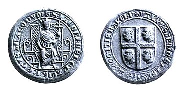 Lead seal showing James II seated on a throne and holding an orb, with the Sardinian coat-of-arms on the reverse