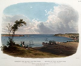 An 1832 view of The Narrows by Karl Bodmer with Fort Lafayette visible off the Brooklyn shore