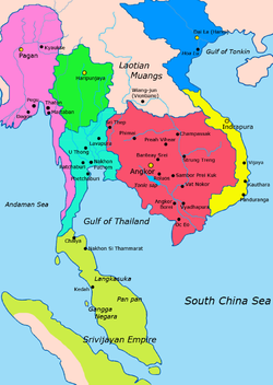 Map of Mainland Southeast Asia circa 1000 - 1100 CE Cyan: Lavo Kingdom Red: Khmer Empire Green: Hariphunchai Kingdom Light green: Srivijaya Yellow: Champa Blue: Dai Viet Pink: Bagan Kingdom
