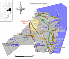 Location of Marlboro Township in Monmouth County highlighted in orange (right). Inset map: Location of Monmouth County in New Jersey highlighted in black (left).