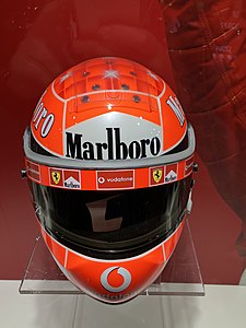 Schuberth helmet at the Museo Ferrari with the Marlboro logo, which sometimes had to be removed in countries where tobacco advertising was illegal.