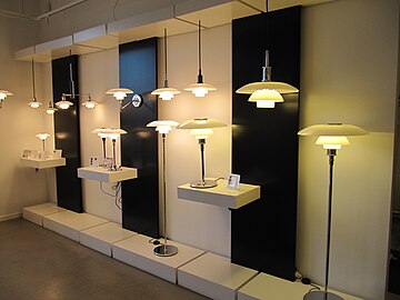 Three-shade system lamps in different forms at Louis Poulsen's Showroom in Copenhagen