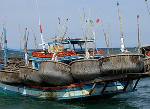 Fishing boat with its collection of basket boats (thuyền thúng)