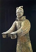 Qin dynasty charioteer with lamellar armour, including armored sleeves