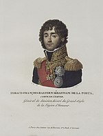 Painting shows a curly-haired man wearing a blue military uniform with gold epaulettes, gold lace and a red sash.