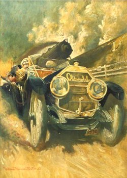 Oldsmobile Limited vs. 20th Century Limited Zug. Gemälde "Setting the Pace" von William Harnden Foster (1909)
