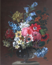 A Still Life of Roses, Narcissi, Delphiniums and other Flowers in a glass Vase on a ledge (undated), oil on canvas
