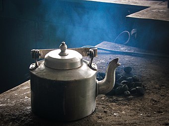 An Indian aluminium kettle, popular in South Asia, used for making tea or boiling water