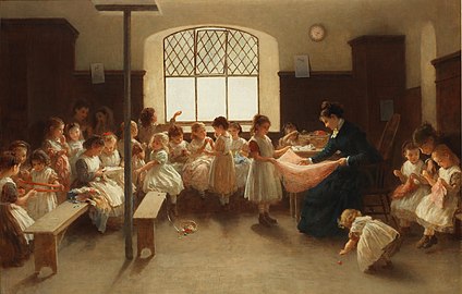 The sewing class, depiction of a school sewing lesson by John Morgan