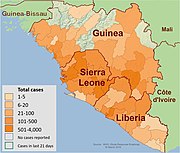 Map showing Ebola virus disease cases in Guinea, Liberia and Sierra Leone in December 2014