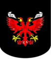 Coat of arms of Grand Fenwick (TIFF version), the version here is slightly incorrect, the shield is meant to be white (like the flag) instead of black, this one is similar to the PNG coat of arms but is bigger and so shows more detail of the eagle and the scrolls