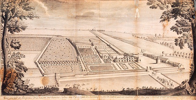"General perspective view of the house, courtyard, service courtyard, gardens, woods, vineyards, and park of Chanteloup from the entrance side with the environs, all situated near Amboise, and view toward the Loire River" (1708)[5]