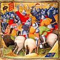 Mounted combat with swords at the Battle of Crécy (1346), Grandes Chroniques de France fol. 152v, c. 1415.