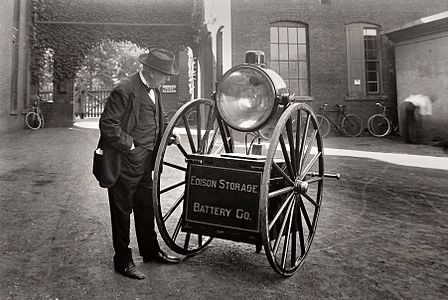 Edison's searchlight, mounted on a cart. The light had a parabolic reflector.