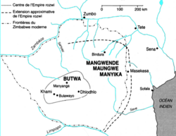 Map showing the extent of the Rozvi empire and its center around Butwa