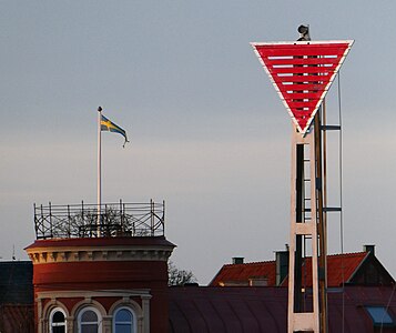 Triangular daymark in the marina of Ystad 2021.