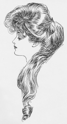 A woman head in profile looking left. Her abundant hair resembles a question mark.