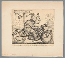 The writer Gerard Nolst Trenité like a jester riding a motorcycle towards 'De Amsterdammer / Weekblad voor Nederland'. Design for a cartoon in a newspaper.