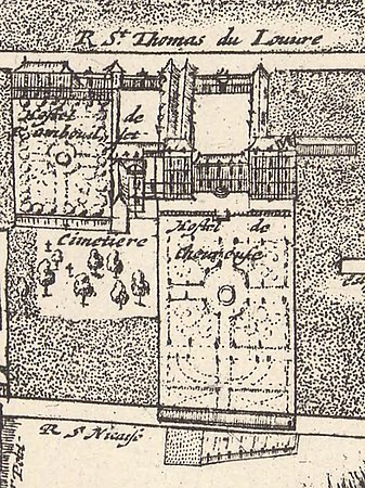 Shown as the Hôtel de Chevreuse on the 1652 Gomboust map of Paris (east at the top)