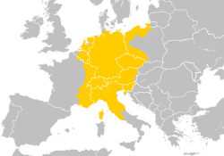 The Holy Roman Empire at its greatest territorial extent imposed over modern borders, c. 1200–1250