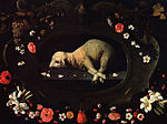 Josefa de Óbidos: Das Lamm Gottes umrahmt von Blumen, 1660–70, Öl auf Leinwand, 88 × 116 cm, Museu Regional, Évora
