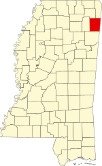 Map of Mississippi highlighting Itawamba County