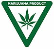 A green symbol of an inverted triangle outline with a cannabis leaf inside, the words "Marijuana Product" are written in white inside the top outline of the triangle