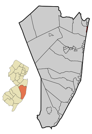 Location of Mantoloking in Ocean County highlighted in red (right). Inset map: Location of Ocean County in New Jersey highlighted in orange (left).