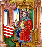 Chronica Hungarorum, Thuróczy chronicle, King Otto of Hungary, throne, crown, orb, scepter, Árpád stripes, Hungarian coat of arms, medieval, Hungarian chronicle, book, illustration, history