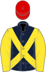 Dark blue, yellow sleeves and cross-belts, red cap