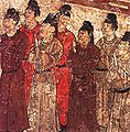 A mural showing palace eunuchs, from the tomb of Li Xian, Crown Prince Zhanghuai, Tang Dynasty