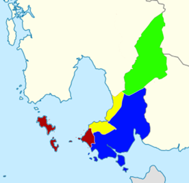 Sihanoukville Province's districts: Sihanoukville Municipality (dark red), Stueng Hav (yellow), Prey Nob (blue), Kampong Seila (green)