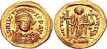Obverse and reverse sides of a coin of Byzantine emperor Justin I
