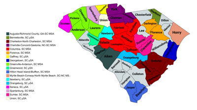 Map of the 18 core-based statistical areas in South Carolina.