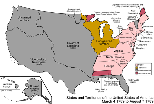 Map of the United States after the Constitution of the United States was ratified on March 4, 1789