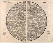 Unknown, Mer des hystoires world map, 1491, following the model of the T-O map, centered on Jerusalem with East (the biblical location of Paradise) at the top.