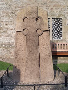 Cross decorated with Insular interlaces, part of the Aberlemno Sculptured Stones, unknown sculptor, c.800, sandstone, Aberlemo, Scotland, UK