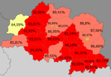 Belarusians in the region   >90%   85—90%   80–85%   <80% (64.59%)