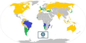 Map of the Community of Portuguese Language Countries; member states (blue), associate observers (green), and officially-interested countries & territories (gold)