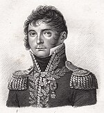 Black and white print shows a clean-shaven man with long sideburns. He wears the high collared and dark uniform of a French general officer of the early 1800s.