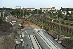 Leipzig-Dresdener Güterbahnhof Richtung Osten vor dem Verschwenken der Stammgleise, 3. August 2014