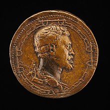 Left-facing profile portrait by and of the artist Leone Leoni, from 1541, struck in bronze, as a medal, in the collection of the National Gallery of Art in Washington, DC. The bearded gentleman with wavy hair and pointed chin faces to his left, in reddish brown metal, 4.26 centimeters across. Surrounding the head, in a circle are the images of four groups of four chain links, and four groups of double oxen yokes.