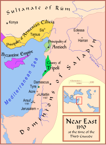 Map presenting Tyre and the regions of Antioch and Tripoli as the last remnants of the crusader states, surrounded by Saladin's empire
