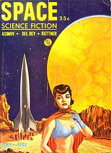 A skimpily dressed woman on a rocky planet, with a rocket ship in the distance and two planets visible overhead