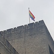 The Pride flag flying over Hartland House in 2023