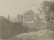 The Remains of Exeter Castle, pen and ink on paper, 1800s