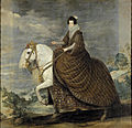 Élisabeth de Bourbon Königin von Spanien, rittlings mit weitem Rock und Decke zum Schutz des Rocks, 1697