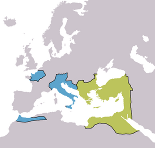 A colored drawing of Europe in 476 A.D., showing the borders of the Roman Empire, with the Eastern Roman Empire shown in green, and the Western Roman Empire in blue